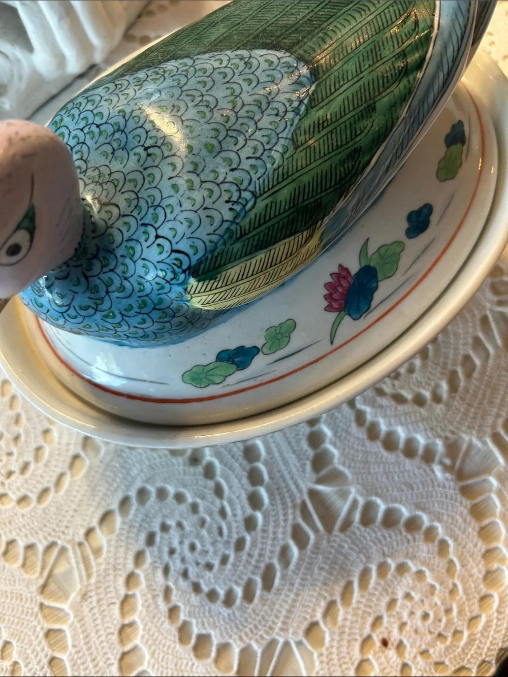Hand-Painted Ceramic Duck Covered Dish in Teal and White Vintage item